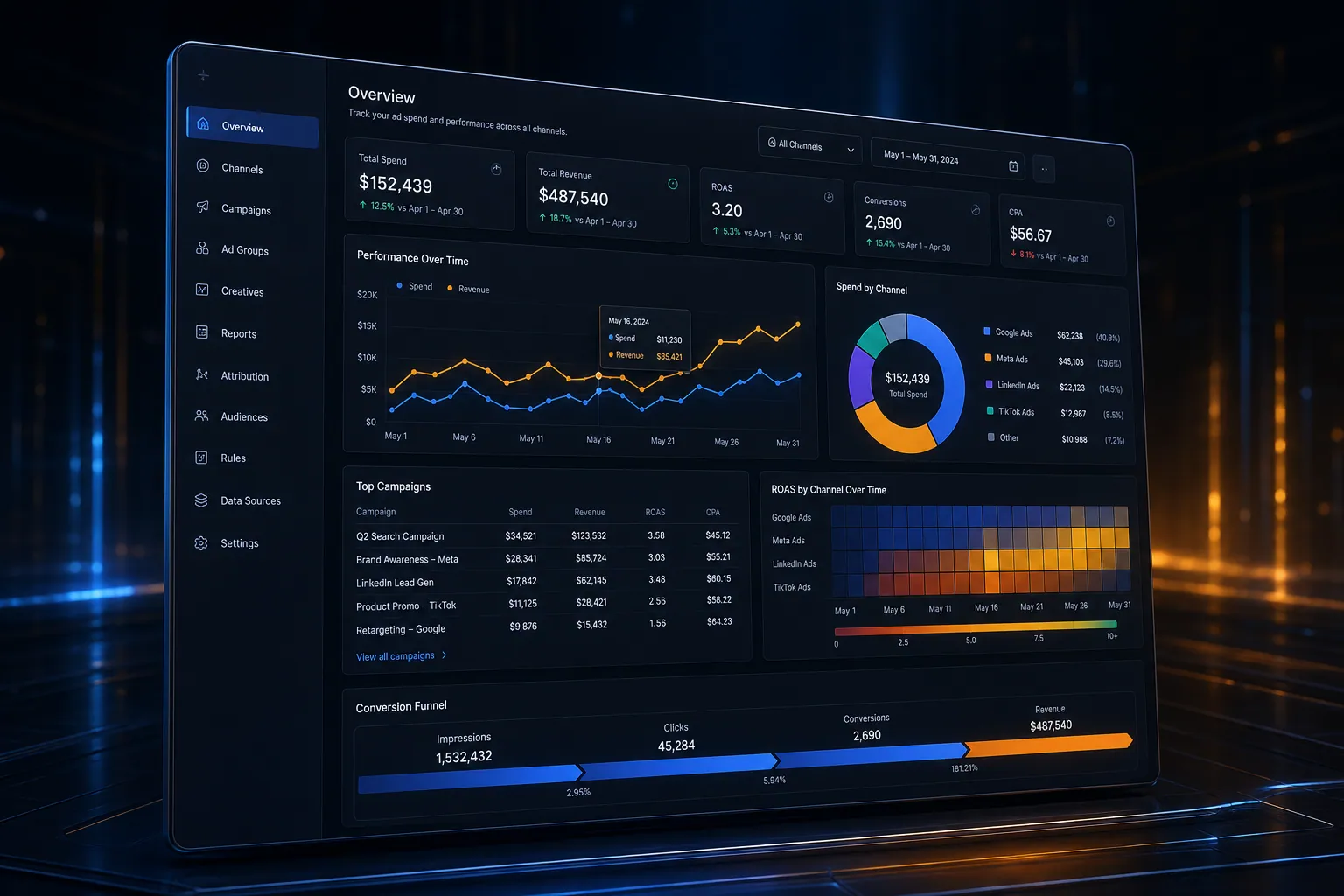 Ad spend and performance analytics backend application built by SpinFlow