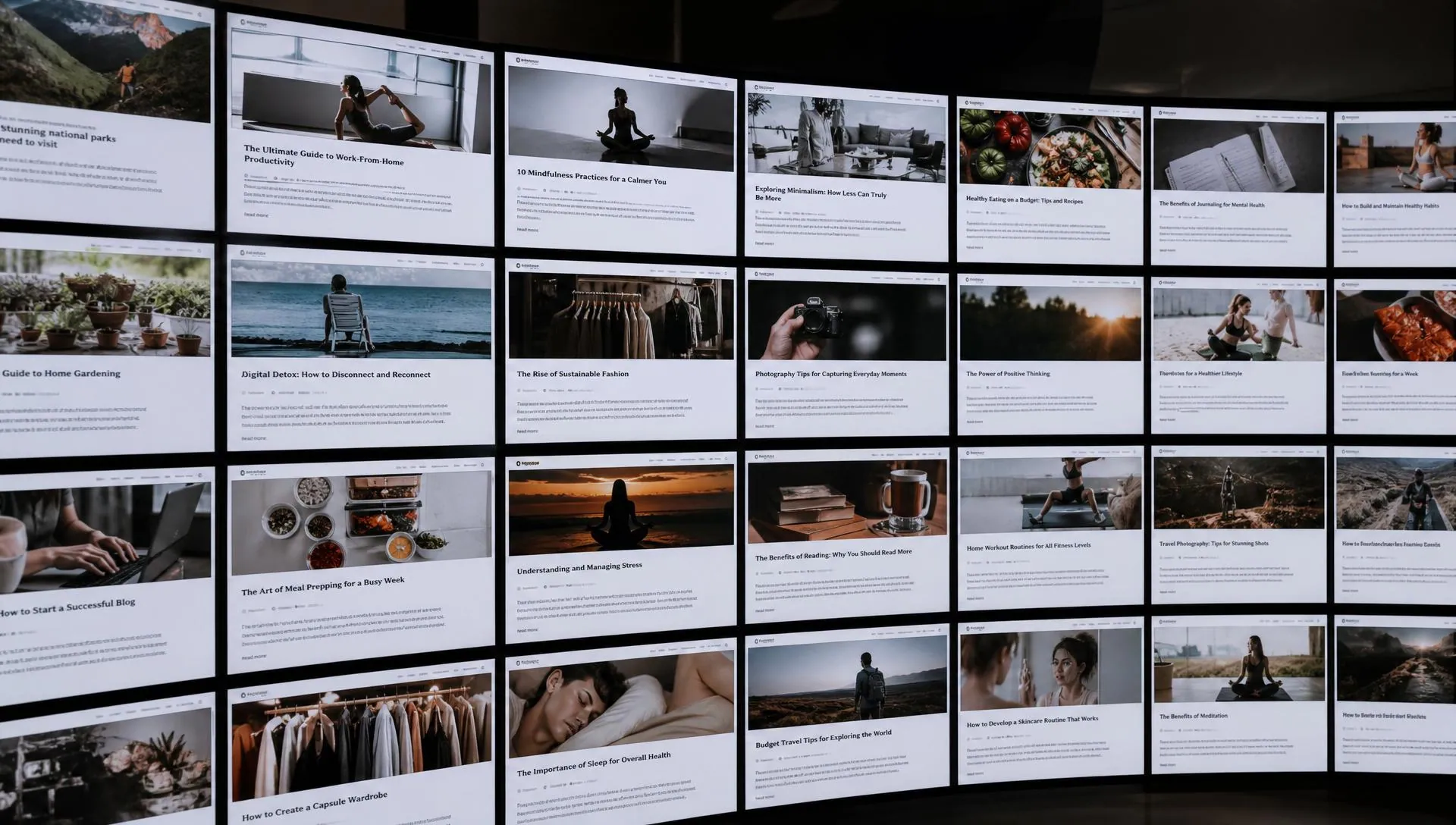 A wall of screens displaying dozens of blog articles