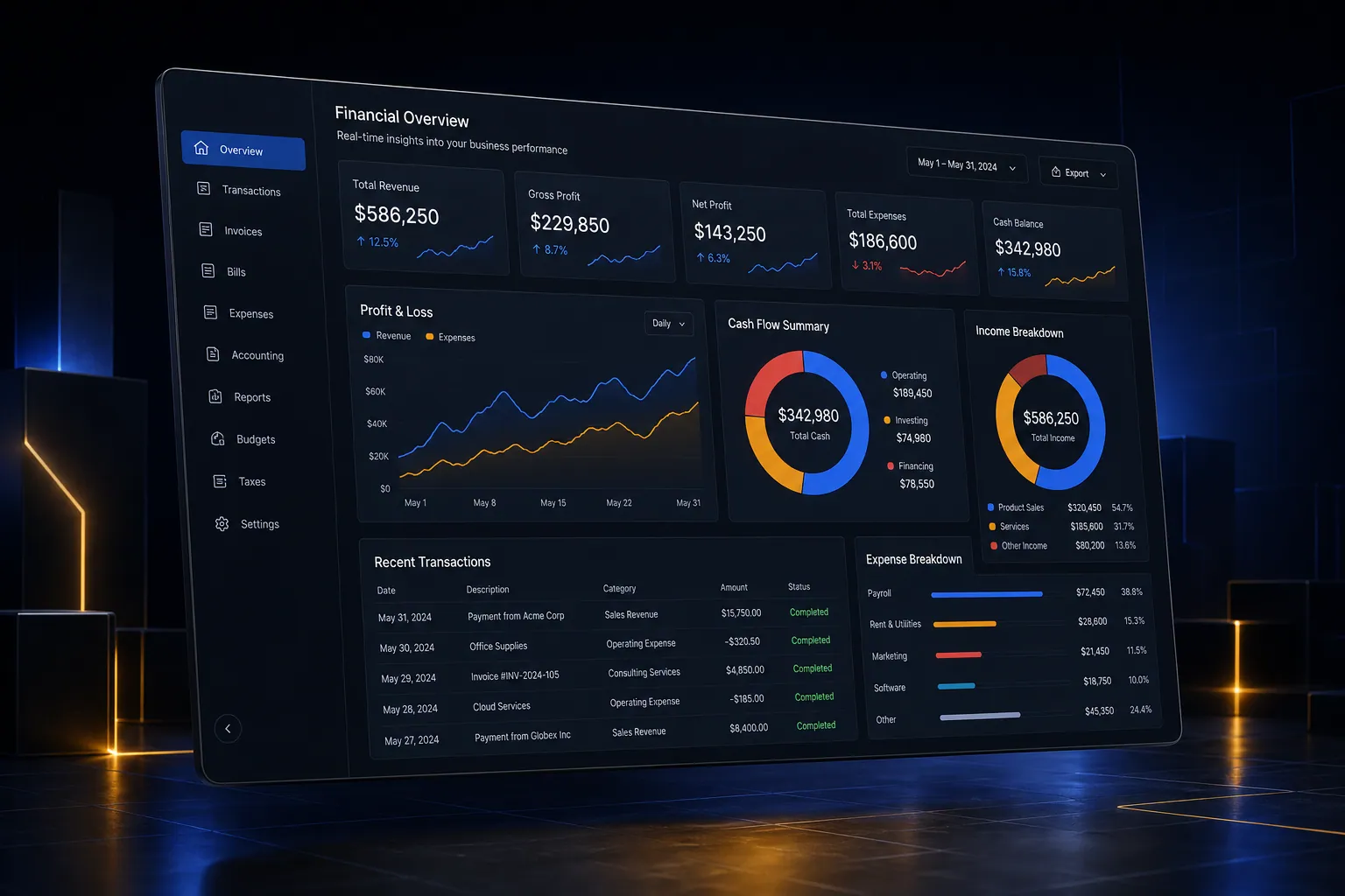 Built-in financials and accounting backend application built by SpinFlow
