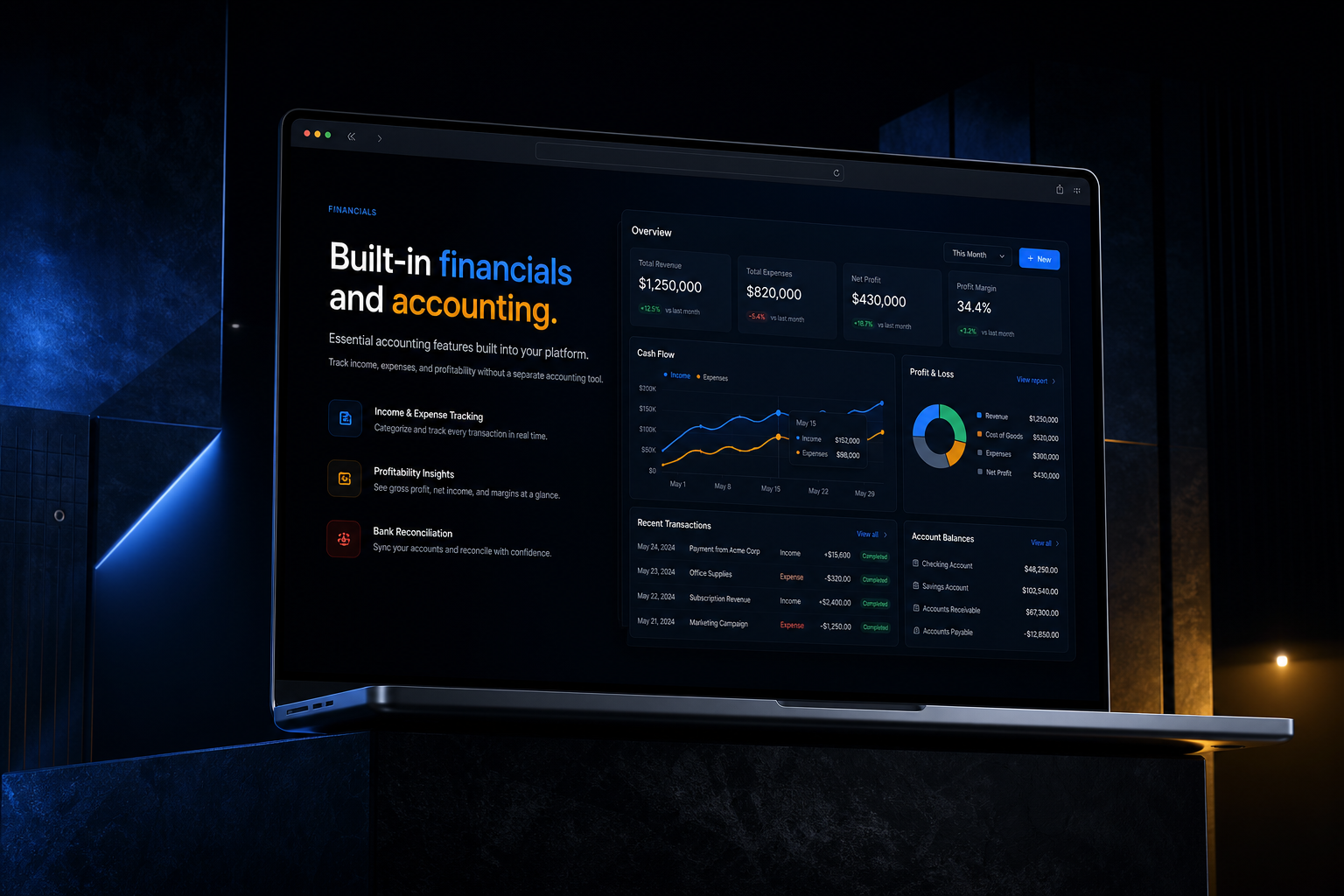 Built-in financials and accounting marketing website built by SpinFlow