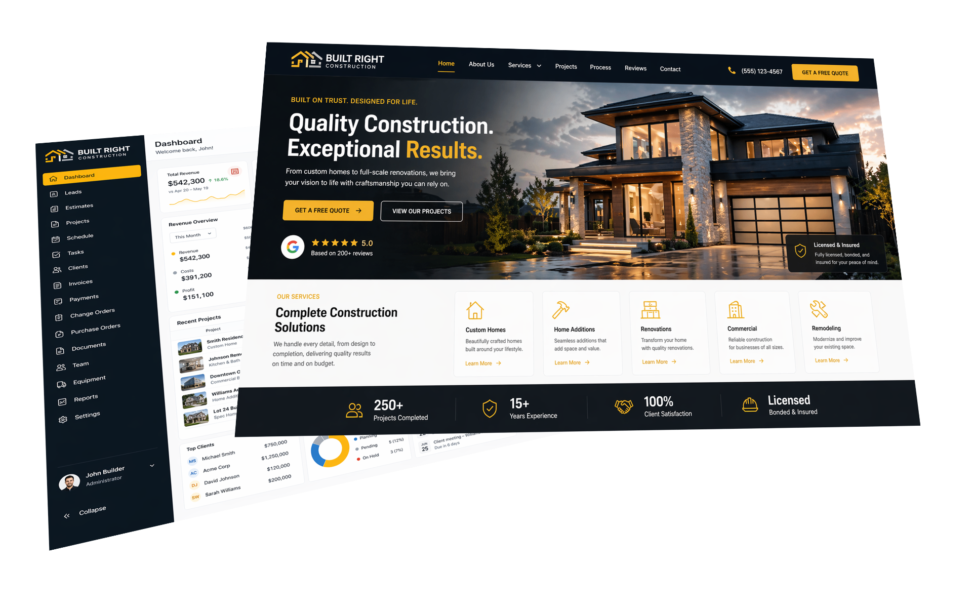 SpinFlow platform shown as a polished customer-facing website layered over its admin dashboard