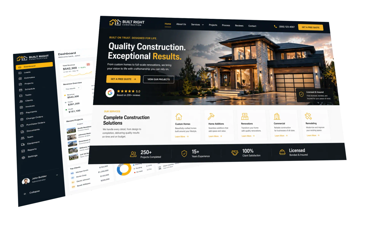SpinFlow platform shown as a polished customer-facing website layered over its admin dashboard