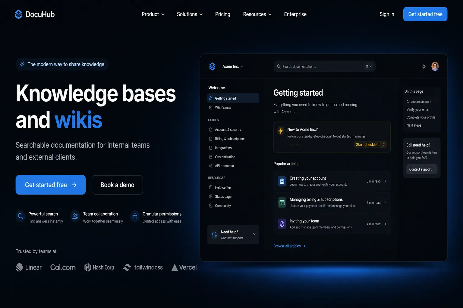 Knowledge bases and wikis marketing website built by SpinFlow