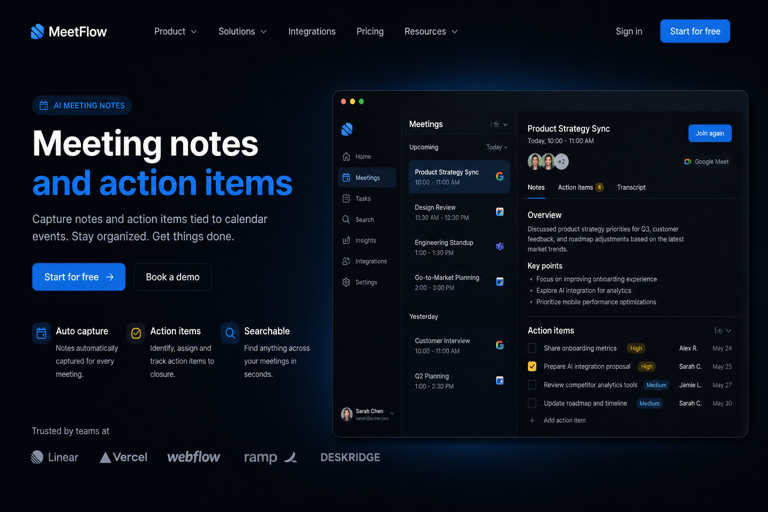 Meeting notes and action items marketing website built by SpinFlow