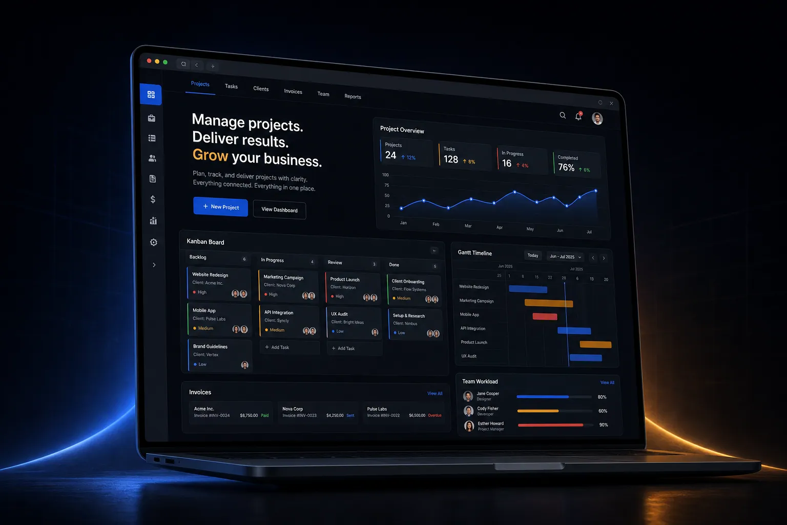 Project management marketing website built by SpinFlow