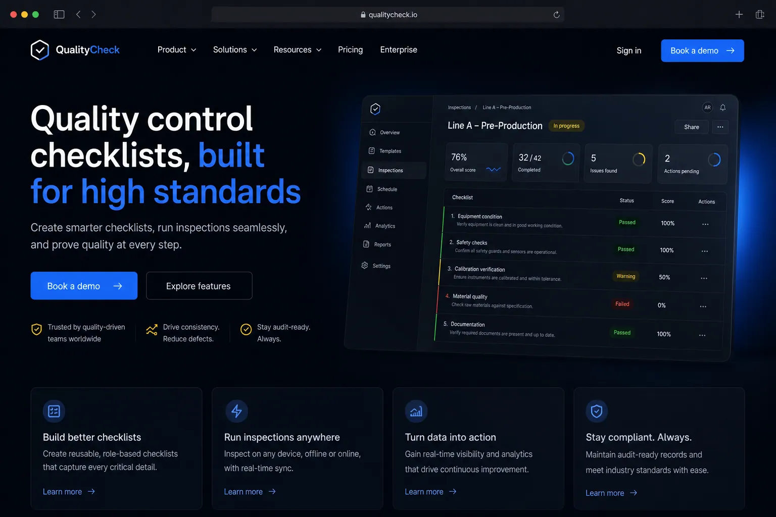 Quality control checklists marketing website built by SpinFlow