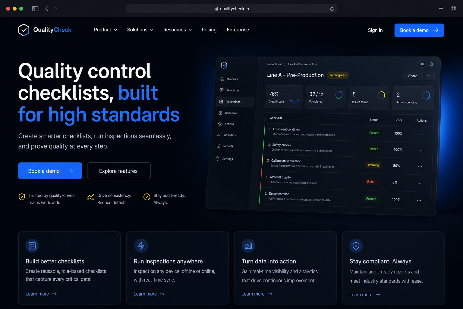 Quality control checklists marketing website built by SpinFlow