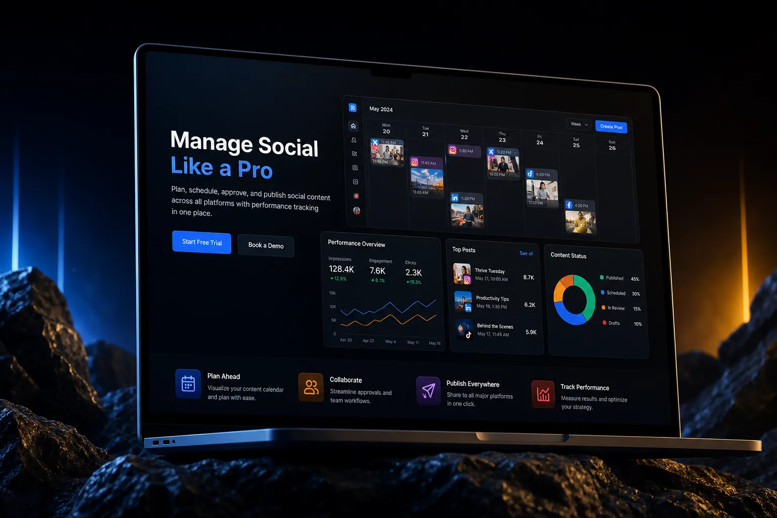 Social media management marketing website built by SpinFlow