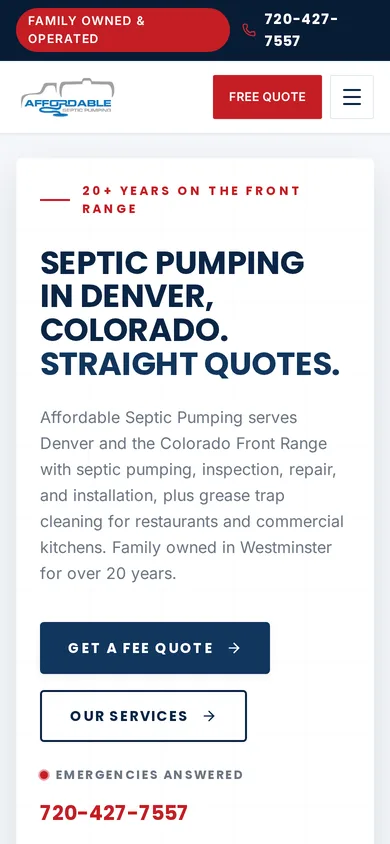 Affordable Septic Pumping website homepage on a phone