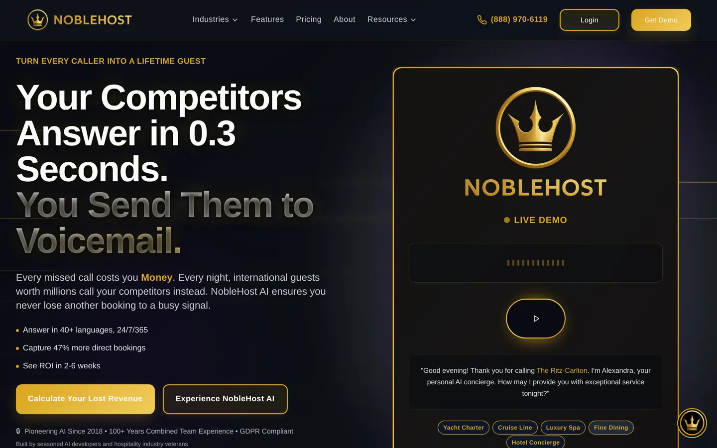 NobleHost AI website homepage on a laptop