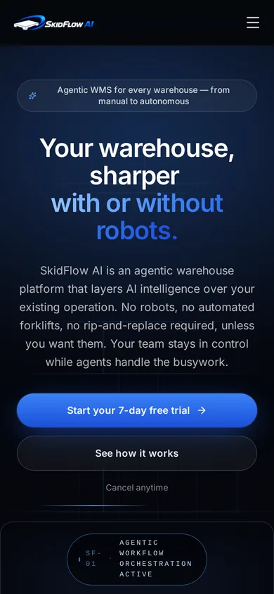 SkidFlow website homepage on a phone